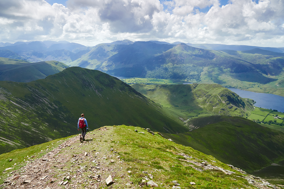 A female hiker and their dog on a sunny day