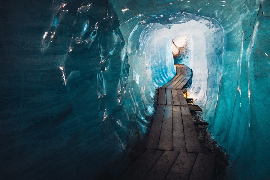 Wooden path through the Rhone Glacier, Switzerland.