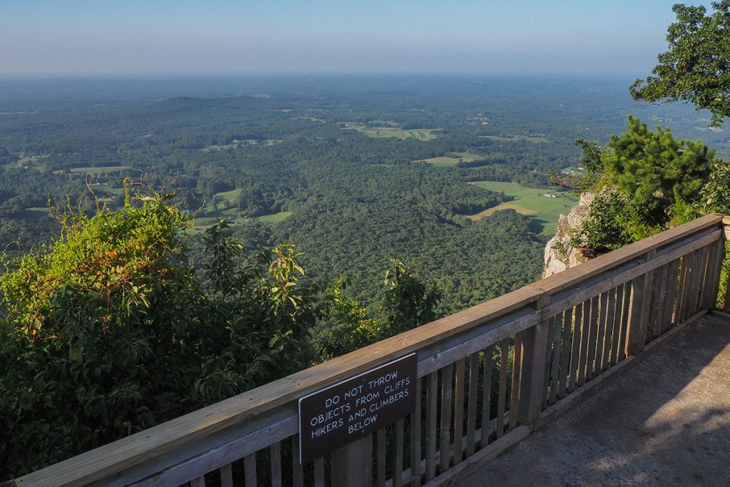 brown fence lookout point with green trees and sky in distance