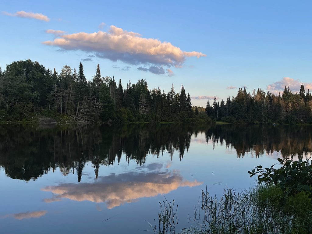 clouds and trees reflecting in the river