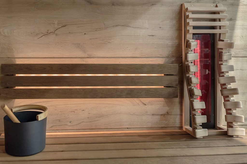 wooden sauna with the infrared radiation